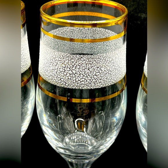 Set of 4 Vintage Midcentury Clear Wine Glasses Gold Rim Textured White Stripe 8" - Picture 8 of 11